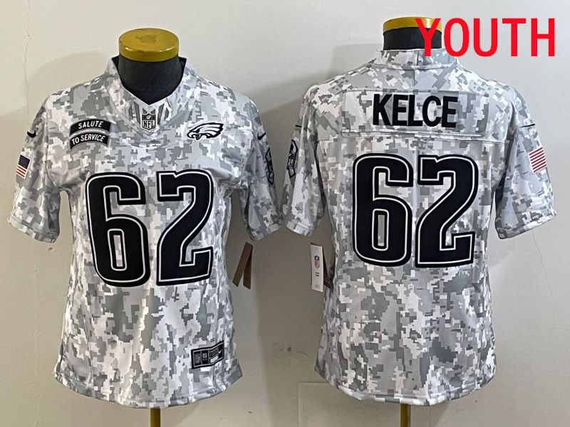 Youth Philadelphia Eagles #62 Kelce Nike Arctic Camo 2025 Salute to Service Limited NFL Jersey style 1